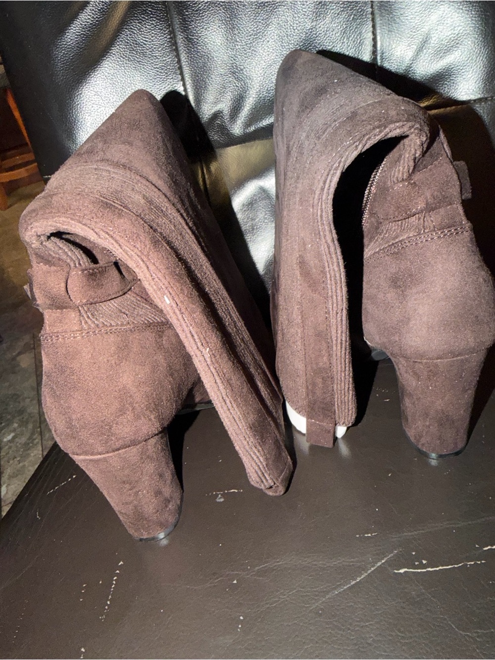 Classic Brown Suede Mid-Calf Heeled Boots with Buckle Strap - Picture 4 of 6